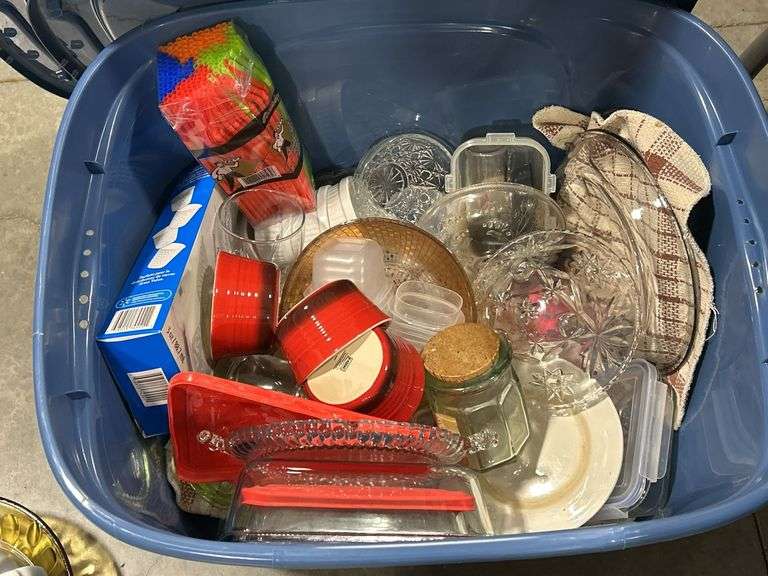 2 TOTES OF DISHES, TEA POT, PAPER TOWEL HOLDER, STRAWS ETC.