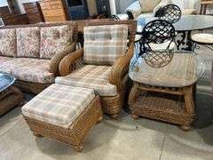 UPHOLSTERED WICKER CHAIR WITH OTTOMAN AND SIDE TABLE