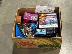 BOX OF PUZZLES, CLOCK ETC
