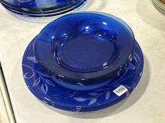 GROUP OF BLUE GLASS DISHES & GLASS HANDLED CUTLERY
