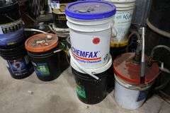ASSORTED PAILS OF OIL, ETC.