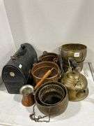 GROUP OF BRASS POTS, TEA KETTLE & LUNCH PAIL