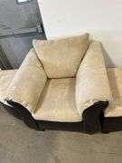 UPHOLSTERED SOFA CHAIR AND TWO OTTOMANS