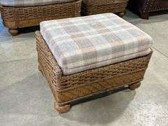 UPHOLSTERED WICKER CHAIR WITH OTTOMAN AND SIDE TABLE