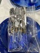 GROUP OF BLUE GLASS DISHES & GLASS HANDLED CUTLERY