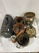 GROUP OF BRASS POTS, TEA KETTLE & LUNCH PAIL