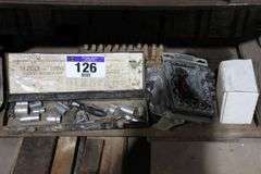 PARTIAL SOCKET WRENCH SET, TOOL BOX & CONTENTS, PACKING CROWN RINGS ETC.