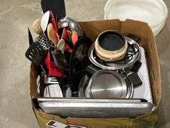BOX OF POTS, UTENSILS ETC