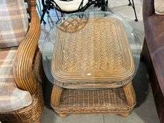 UPHOLSTERED WICKER CHAIR WITH OTTOMAN AND SIDE TABLE