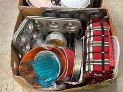 2 BOXES OF BAKEWARE, DISHES ETC.