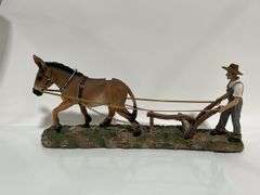 WORLD GLOBE, RESIN HORSE WITH PLOW & DESK LAMP