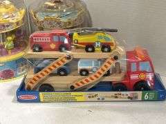 2 MUSIC N' MOTION CAROUSELS, MELISSA & DOUG VEHICLE CARRIER & RICHELIEU ANIMAL FIGURINES