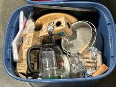 2 TOTES OF DISHES, TEA POT, PAPER TOWEL HOLDER, STRAWS ETC.