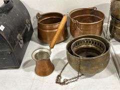 GROUP OF BRASS POTS, TEA KETTLE & LUNCH PAIL