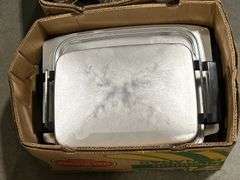 2 BOXES OF ROASTING PANS, COOKWARE ETC.