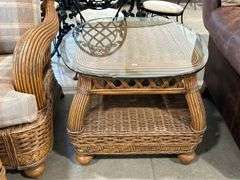 UPHOLSTERED WICKER CHAIR WITH OTTOMAN AND SIDE TABLE