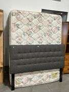 QUEEN UPHOLSTERED HEADBOARD WITH RAILS AND MATTRESS WITH BOXSPRING