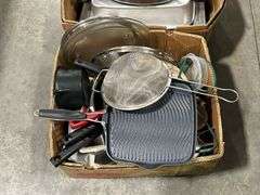 2 BOXES OF ROASTING PANS, COOKWARE ETC.