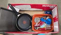 BOX OF EPICURE POT, NEW SALAD BOWL WITH UTENSILS, FOOD STORAGE CONTAINERS, FRY PAN, CAN OPENER ETC