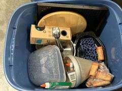 2 TOTES OF DISHES, TEA POT, PAPER TOWEL HOLDER, STRAWS ETC.
