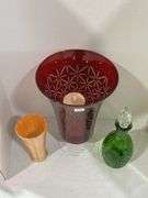 CUT GLASS CRANBERRY VASE, CRUET & MILK GLASS VASE