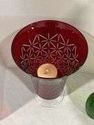 CUT GLASS CRANBERRY VASE, CRUET & MILK GLASS VASE