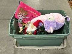 TOTE OF STUFFED ANIMALS & SANTA RIDING A BIKE