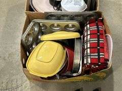 2 BOXES OF BAKEWARE, DISHES ETC.