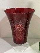 CUT GLASS CRANBERRY VASE, CRUET & MILK GLASS VASE
