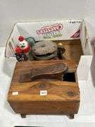SHOE SHINE BOX, PULLEY, INSULATOR & 2 BOSCO BOTTLES