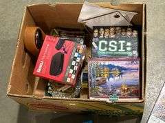 BOX OF PUZZLES, CLOCK ETC