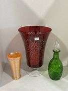 CUT GLASS CRANBERRY VASE, CRUET & MILK GLASS VASE