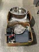 2 BOXES OF ROASTING PANS, COOKWARE ETC.