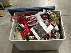 TOTE OF CHRISTMAS DECORATIONS & TINS ETC