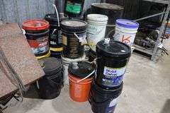 ASSORTED PAILS OF OIL, ETC.