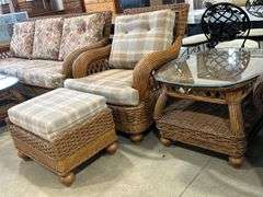UPHOLSTERED WICKER CHAIR WITH OTTOMAN AND SIDE TABLE
