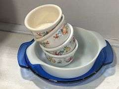 DECORATIVE TRIVETS, GLASS PIE PLATE & BOWLS