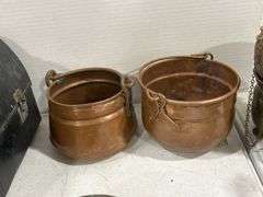 GROUP OF BRASS POTS, TEA KETTLE & LUNCH PAIL