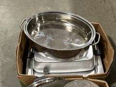 2 BOXES OF ROASTING PANS, COOKWARE ETC.