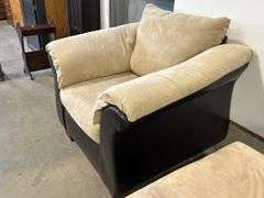 UPHOLSTERED SOFA CHAIR AND TWO OTTOMANS