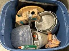 2 TOTES OF DISHES, TEA POT, PAPER TOWEL HOLDER, STRAWS ETC.