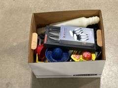 BOX OF KITCHEN UTENSILS, KNIVES ETC.