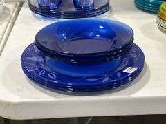 GROUP OF BLUE GLASS DISHES & GLASS HANDLED CUTLERY