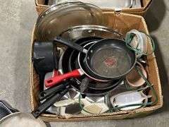 2 BOXES OF ROASTING PANS, COOKWARE ETC.