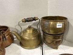 GROUP OF BRASS POTS, TEA KETTLE & LUNCH PAIL