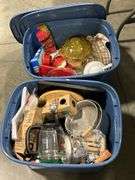 2 TOTES OF DISHES, TEA POT, PAPER TOWEL HOLDER, STRAWS ETC.