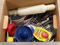 BOX OF KITCHEN UTENSILS, KNIVES ETC.