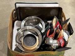 BOX OF POTS, UTENSILS ETC