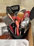 BOX OF POTS, UTENSILS ETC