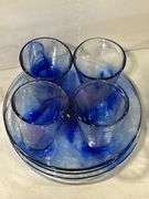GROUP OF BLUE GLASS DISHES & GLASS HANDLED CUTLERY